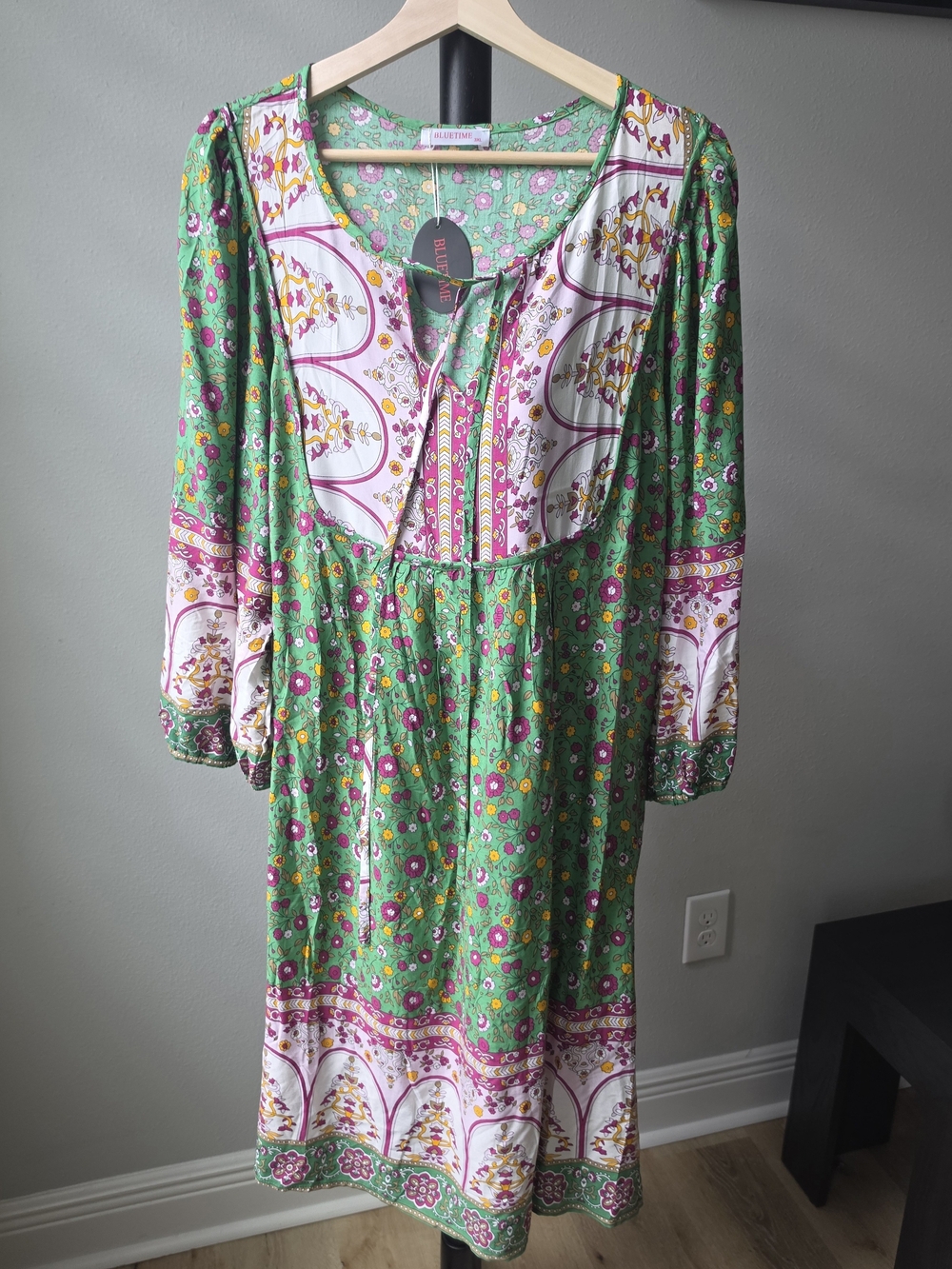 Bohemian Green Floral Babydoll/Midi Dress with Pink Accents